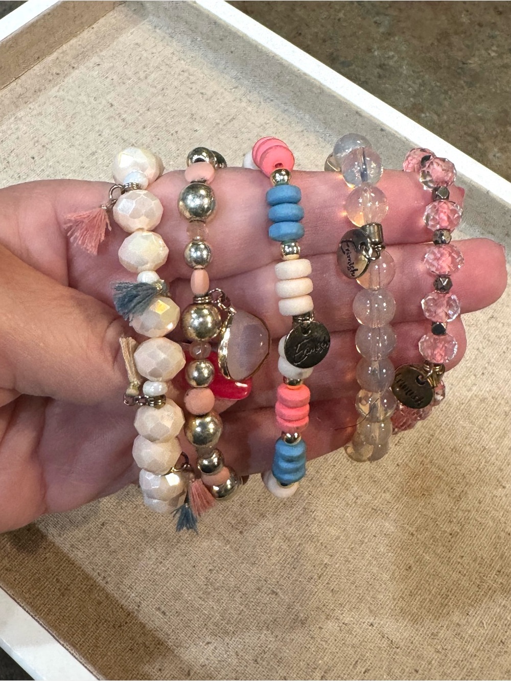 Erimish Pink, Blue and Cream Mixed Bead Stretch Bracelet Set
